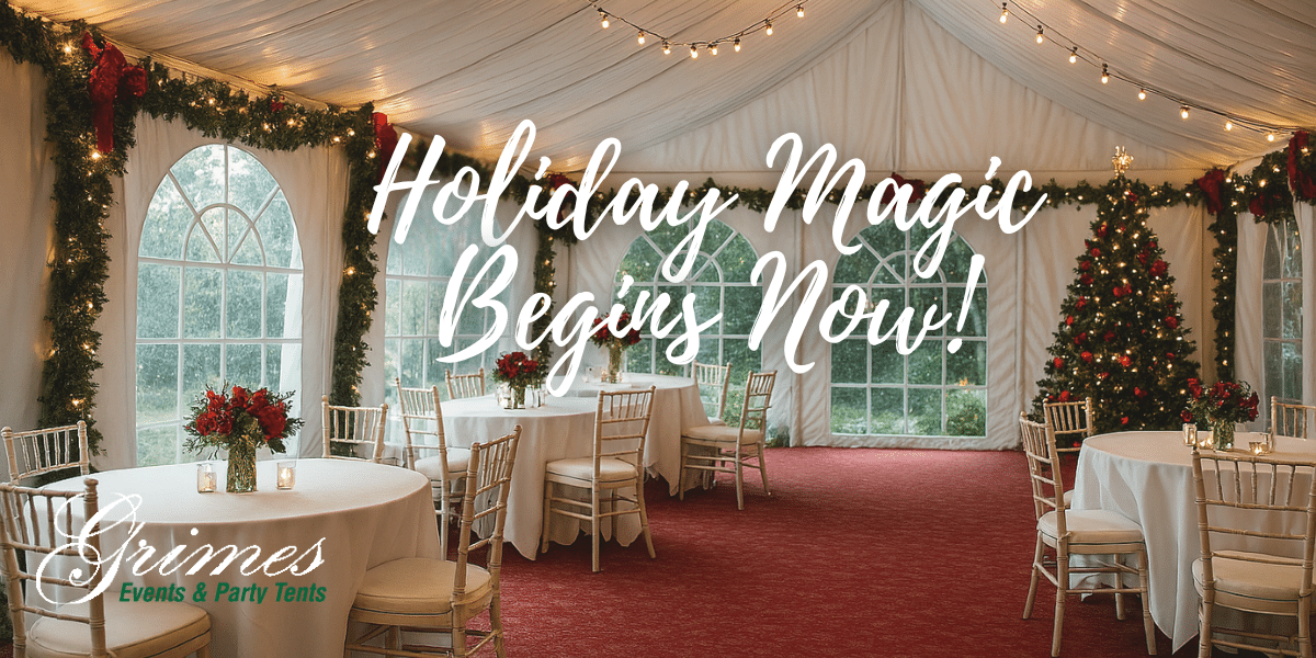 Holiday Tent Renal. Image of party tent rental with holiday decorations. Call now to plan your holiday party