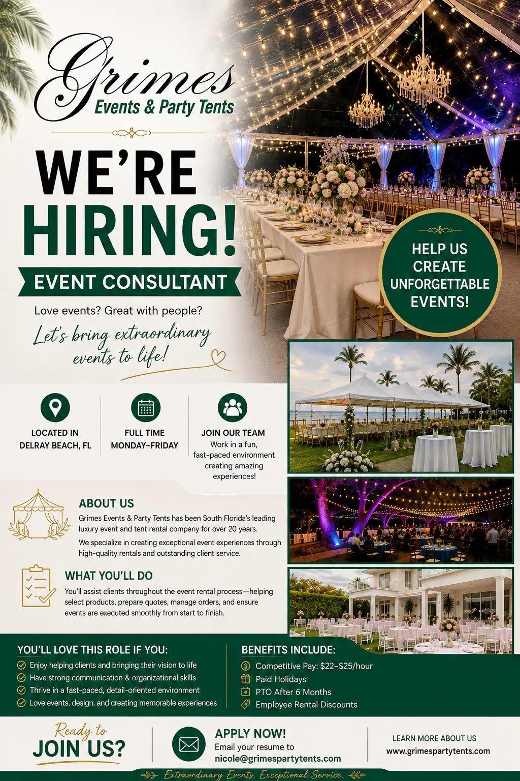 Grimes Events and Party Tents hiring an Event Consultant in Delray Beach, Florida